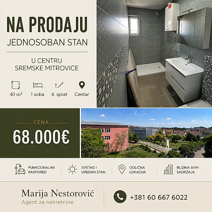 Jednosoban stan na prodaju u centru Sremske Mitrovice nov, neuseljav - slika 1